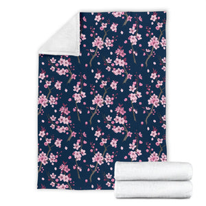 Pink Sakura Cherry Blossom Blue Background Premium Blanket