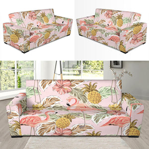 Pink Flamingo Birds Pineapples Hibiscus Flower Pattern Sofa Slipcover