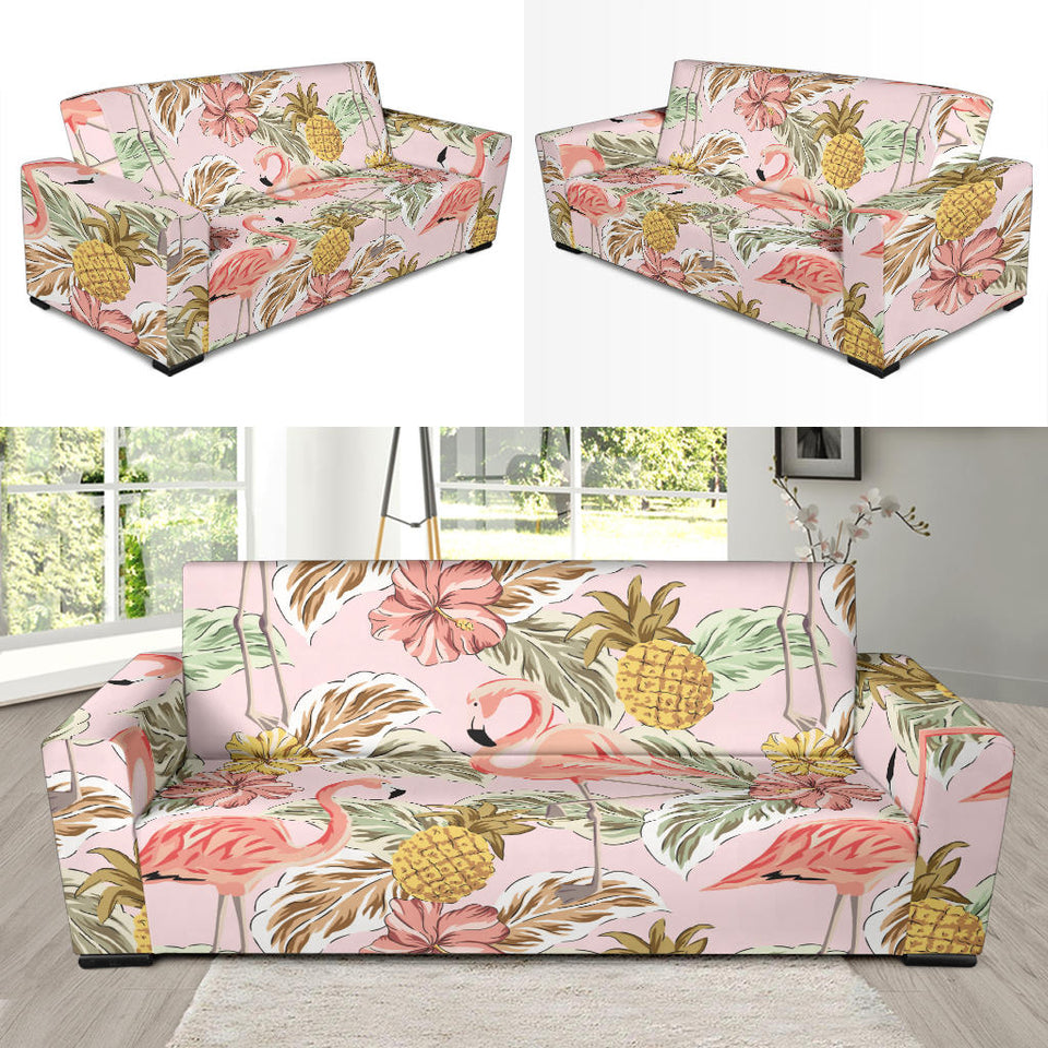 Pink Flamingo Birds Pineapples Hibiscus Flower Pattern Sofa Slipcover