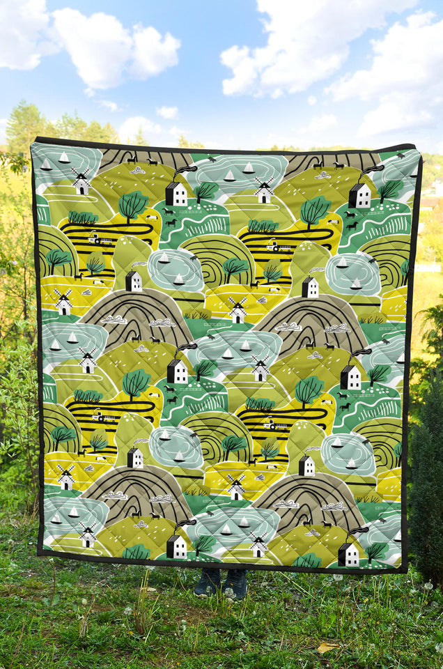 Hand Drawn Windmill Pattern Premium Quilt