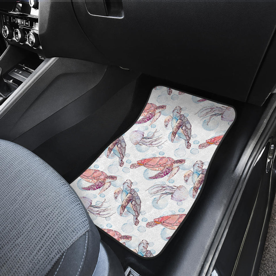 Watercolor Sea Turtle Jellyfish Pattern Front And Back Car Mats