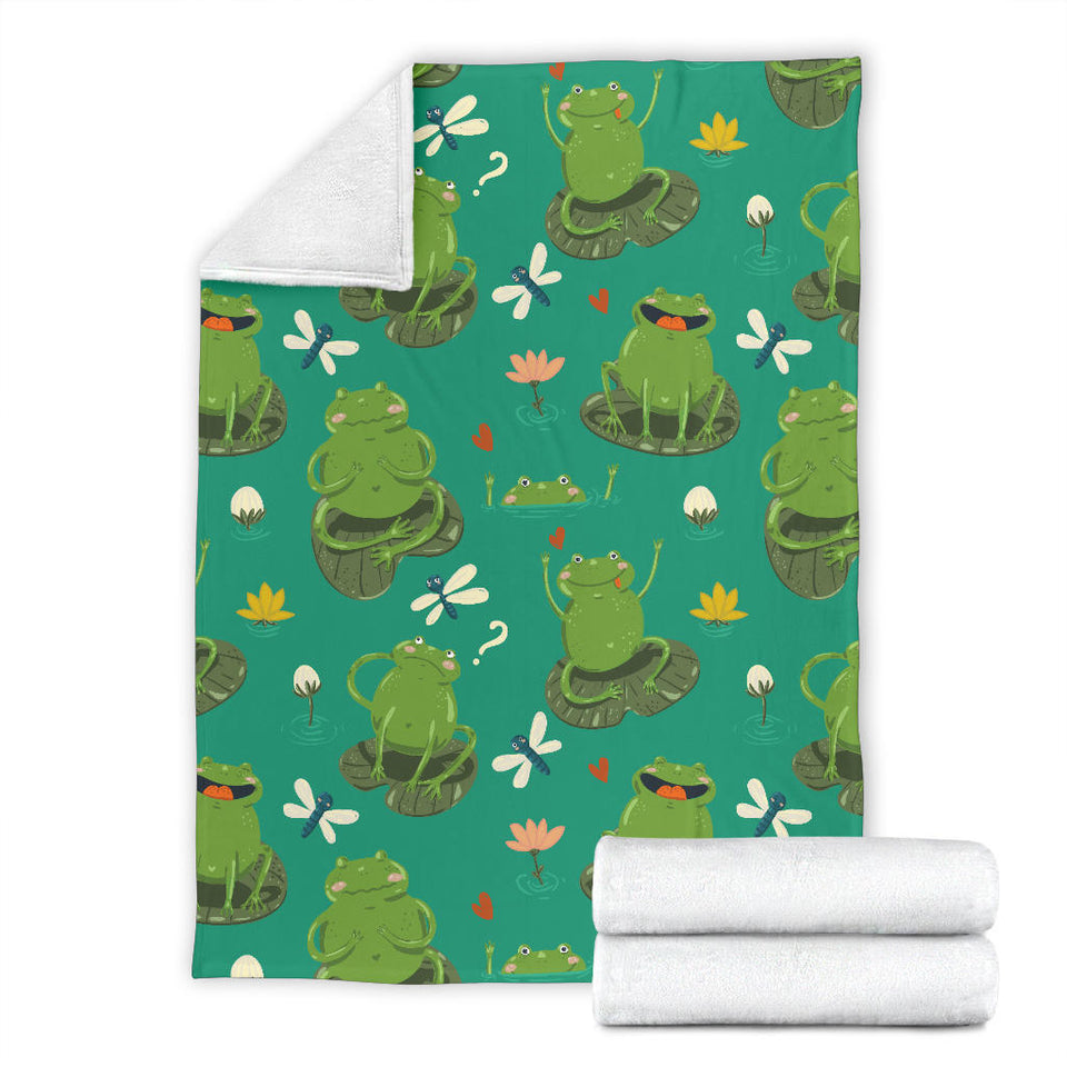 Cute Frog Dragonfly Design Pattern Premium Blanket