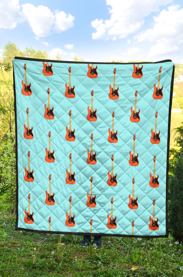 Electric Guitar Pattern Light Blue Background Premium Quilt