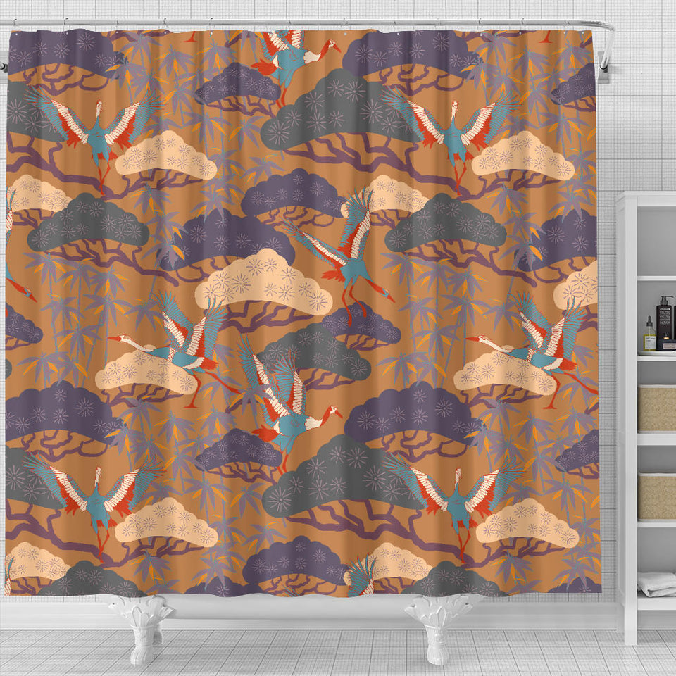 Bonsai Bamboo Stork Japanese Pattern Brown Theme Shower Curtain Fulfilled In US