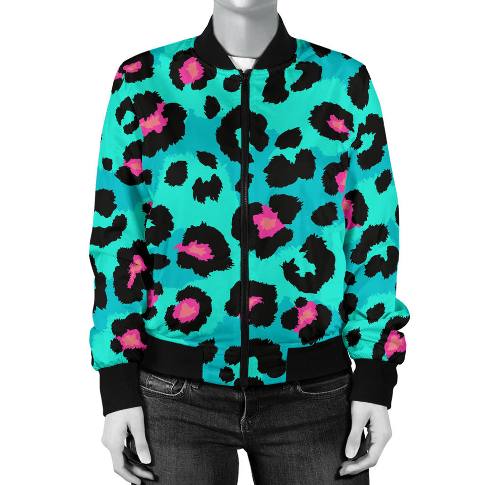 Green Leopard Skin Print Pattern Women'S Bomber Jacket