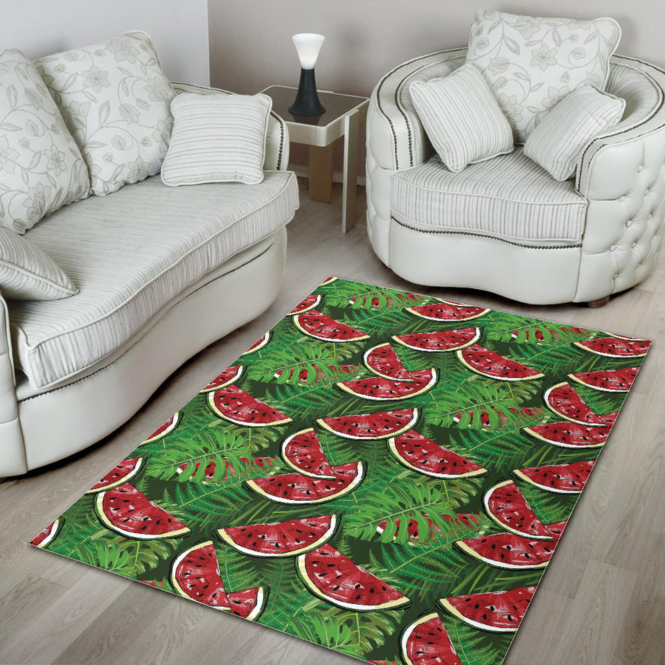 Watermelons Tropical Palm Leaves Pattern Background Area Rug