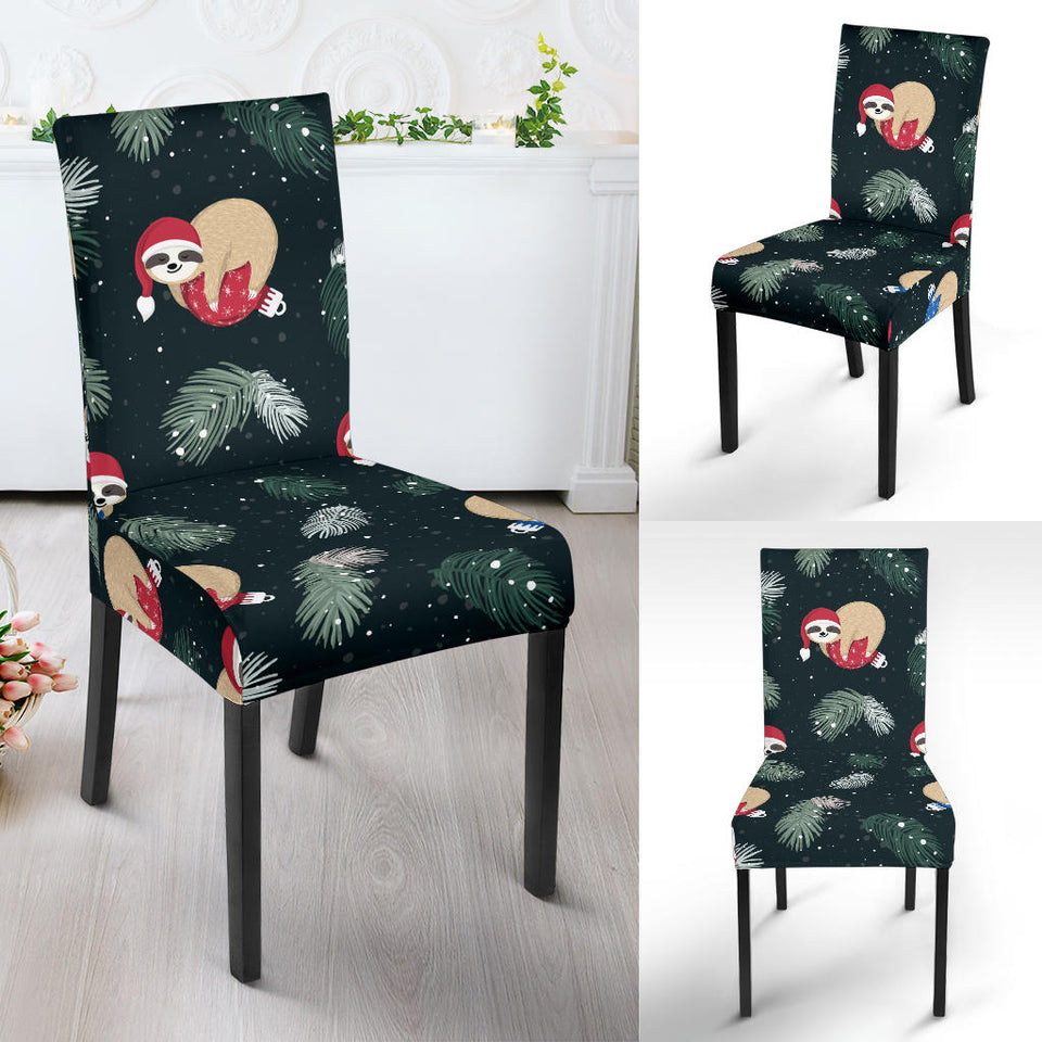 Cute Sloths Sleeping Christmas Ball Santa Hat Pattern Dining Chair Slipcover