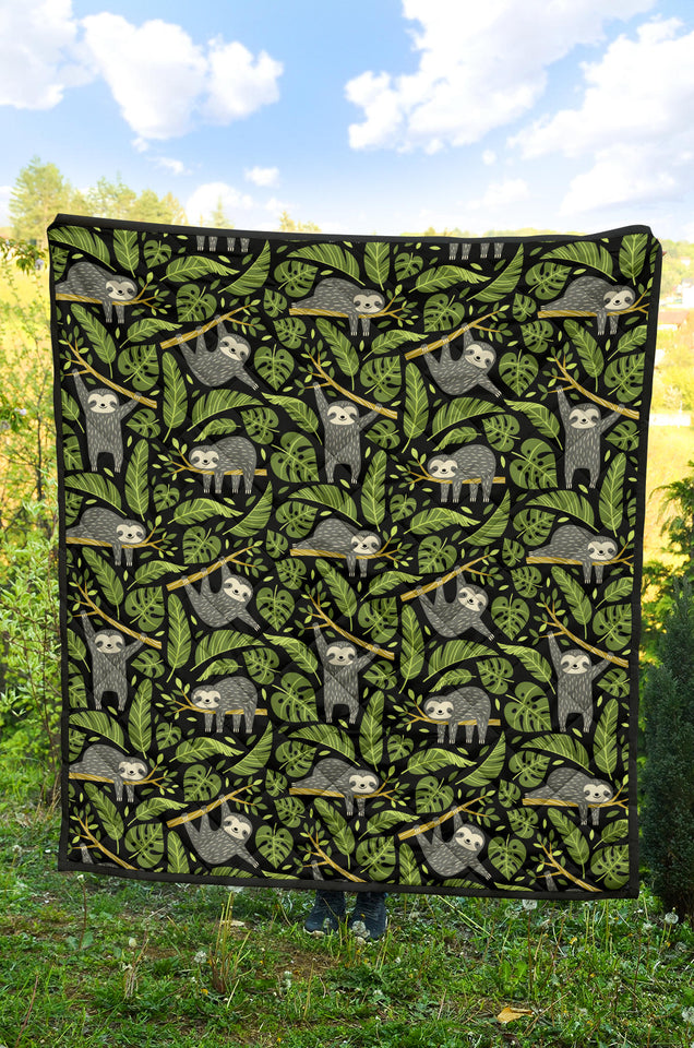 Cute Sloths Tropical Palm Leaves Black Background Premium Quilt