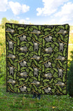 Cute Sloths Tropical Palm Leaves Black Background Premium Quilt
