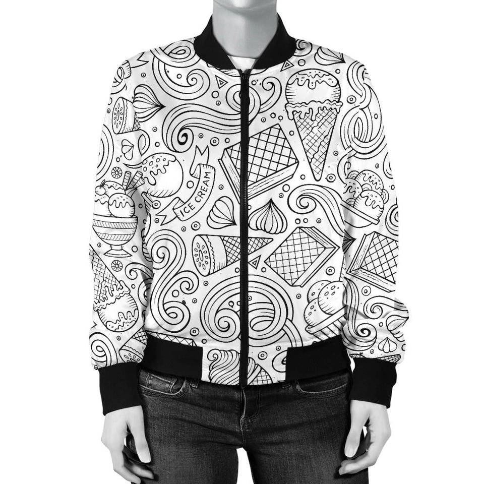 Cartoon Hand Drawn Ice Cream Black White Women'S Bomber Jacket