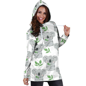 Hand Drawn Koala Leaves Pattern Women'S Hoodie Dress