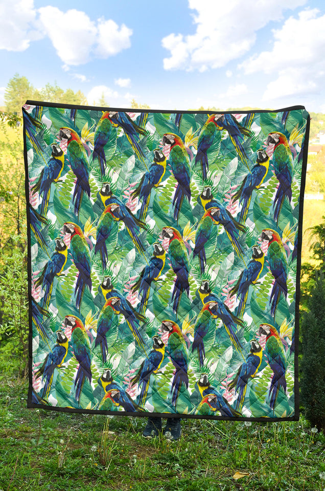 Colorful Parrot Exotic Flower Leaves Premium Quilt