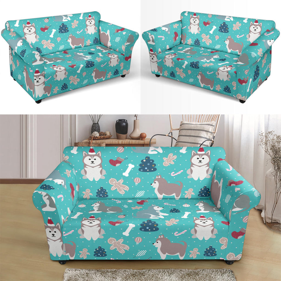 Christmas Cute Siberian Husky Puppie Pattern Loveseat Couch Slipcover