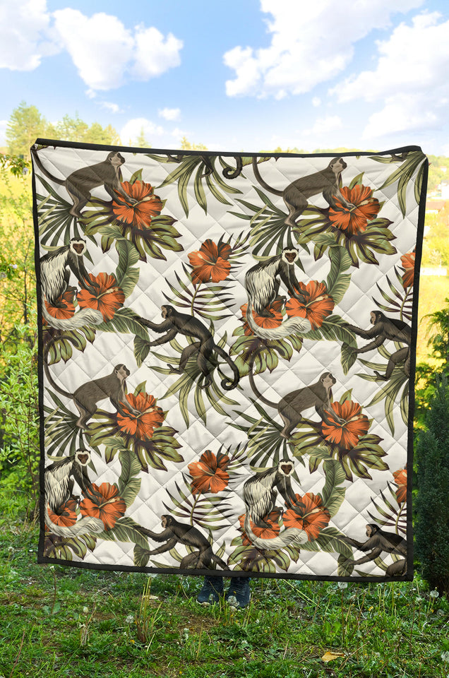 Monkey Red Hibiscus Flower Palm Leaves Floral Pattern Premium Quilt