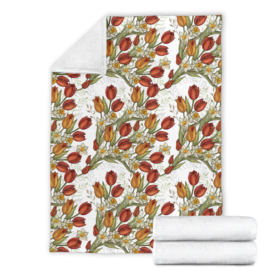 Red Tulips And Daffodils Pattern Premium Blanket
