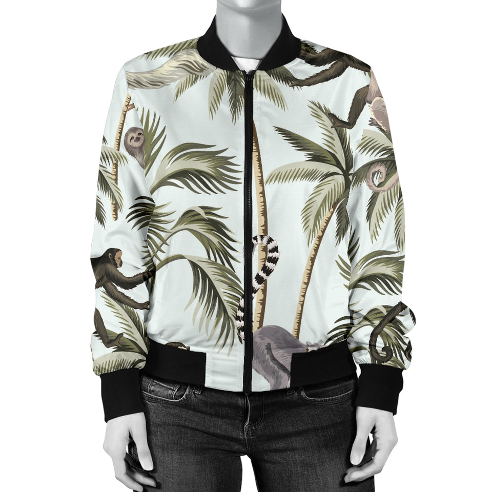 Monkey Sloth Lemur Palm Trees Pattern Women'S Bomber Jacket