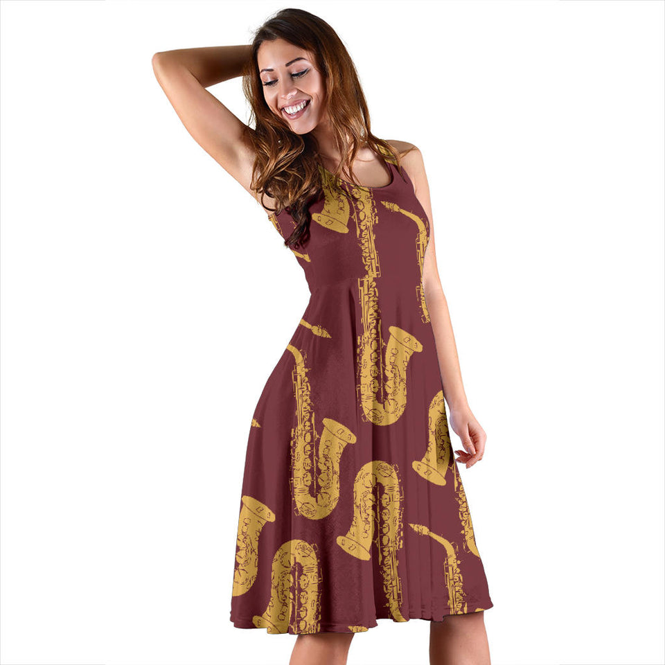 Hand Drawn Gold Saxophone Red Background Sleeveless Midi Dress