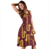 Hand Drawn Gold Saxophone Red Background Sleeveless Midi Dress