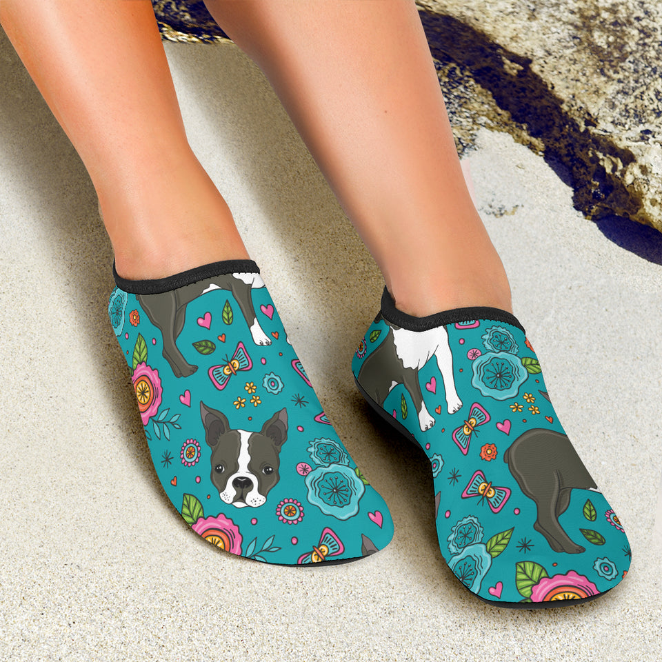 Boston Terrier Beautiful Flower Pattern Aqua Shoes