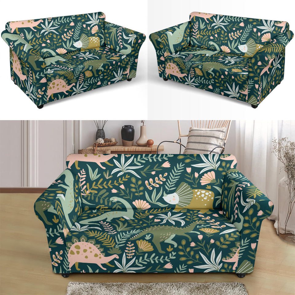 Dinosaurs Tropical Leaves Flower Pattern Loveseat Couch Slipcover