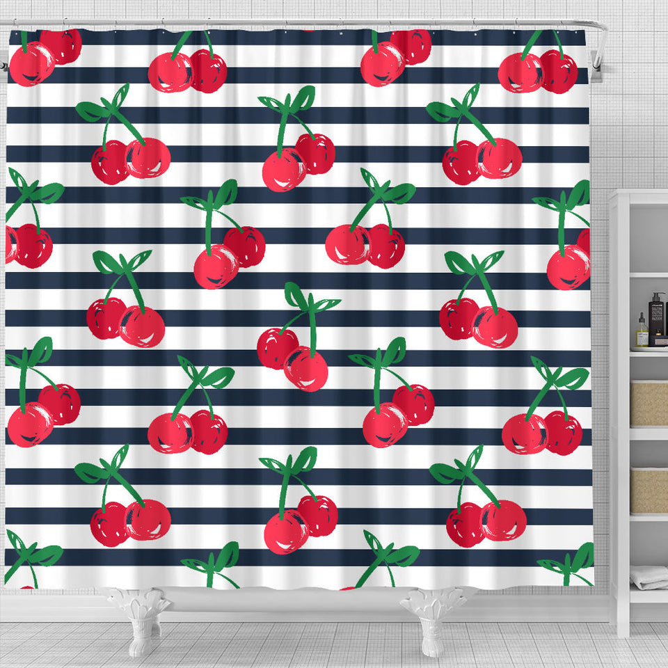 Hand Drawn Cherry Pattern Striped Background Shower Curtain Fulfilled In US