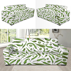 Hand Drawn Sketch Style Green Chili Peppers Pattern Sofa Slipcover