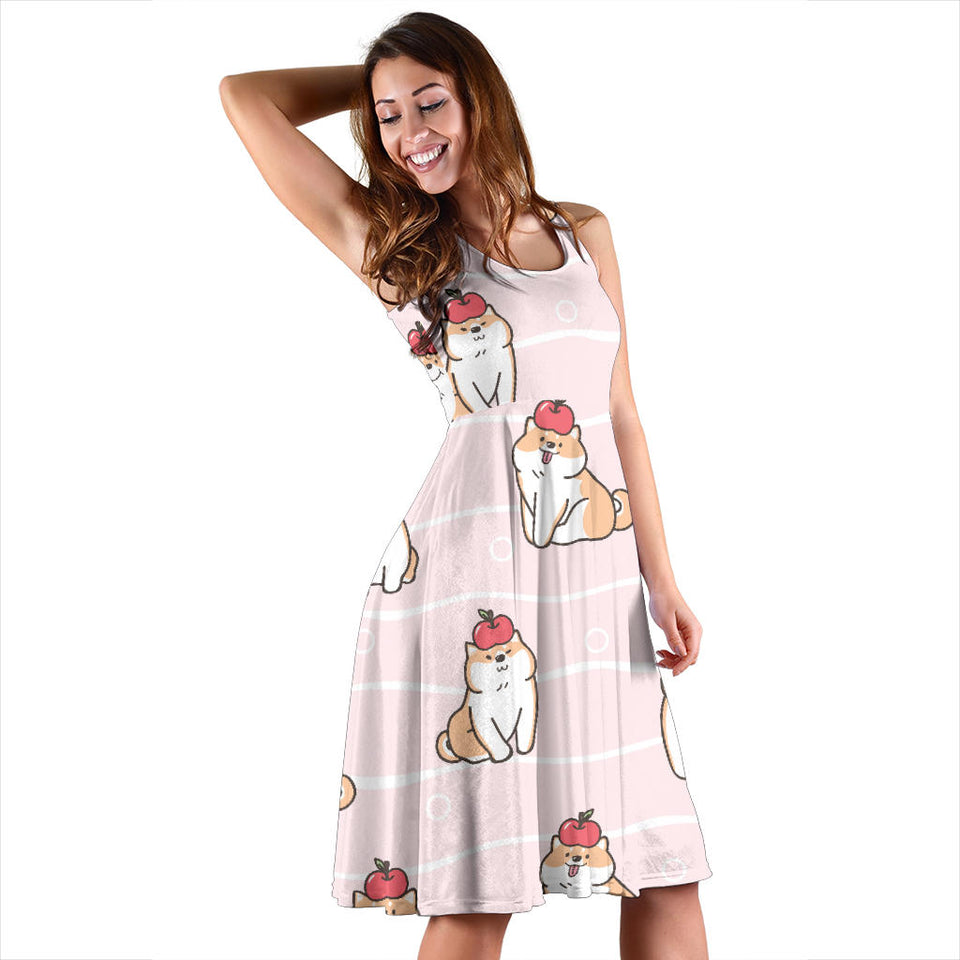 Cute Shiba Inu Dog Apple Pattern Sleeveless Midi Dress