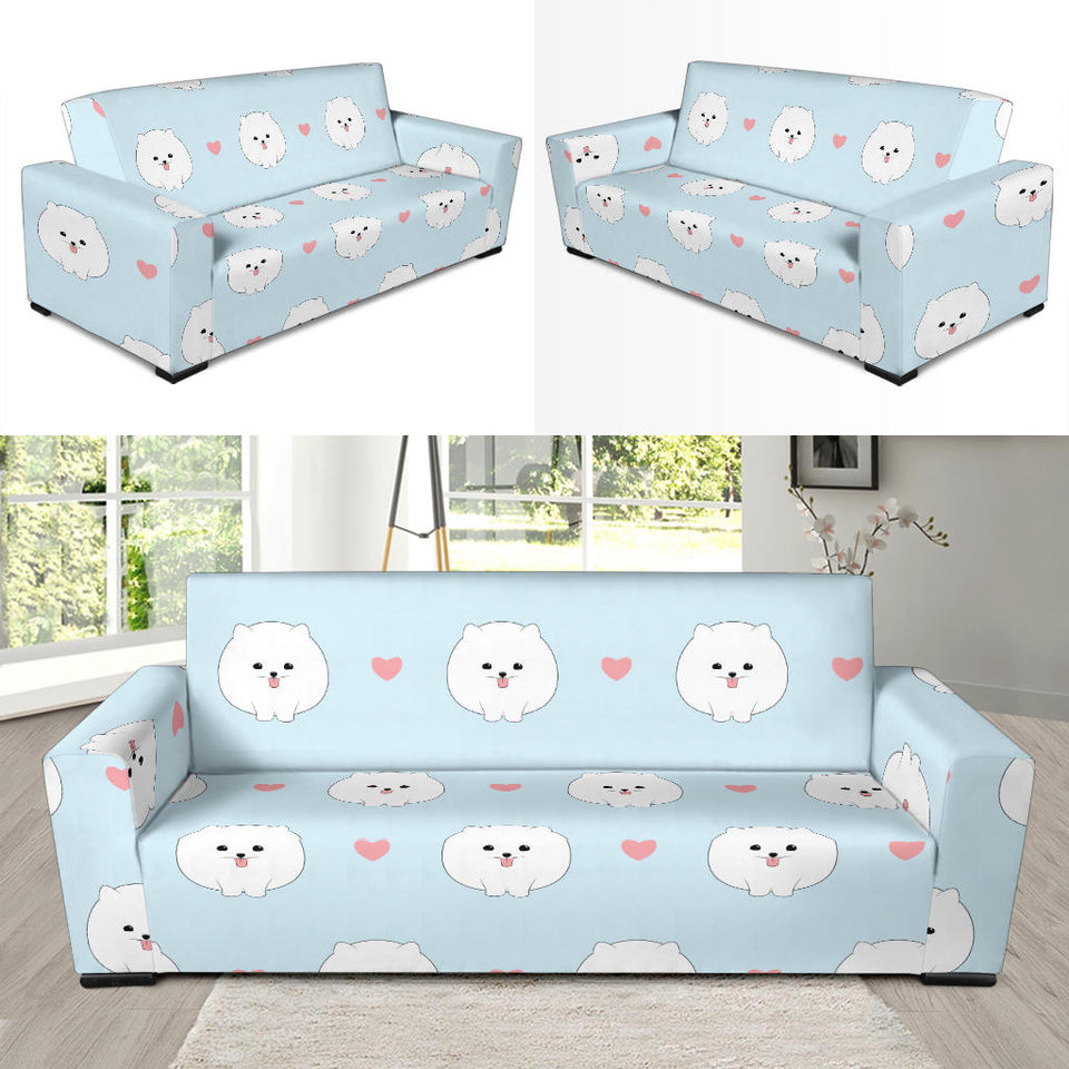 White Cute Pomeranian Pattern Sofa Slipcover