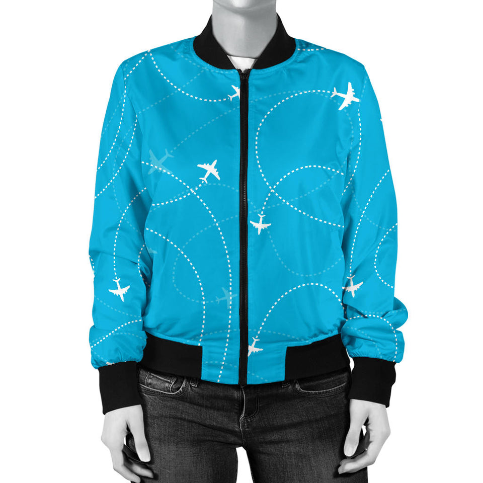 Airplane Destinations Blue Background Women'S Bomber Jacket