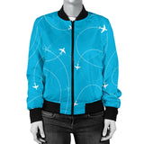 Airplane Destinations Blue Background Women'S Bomber Jacket