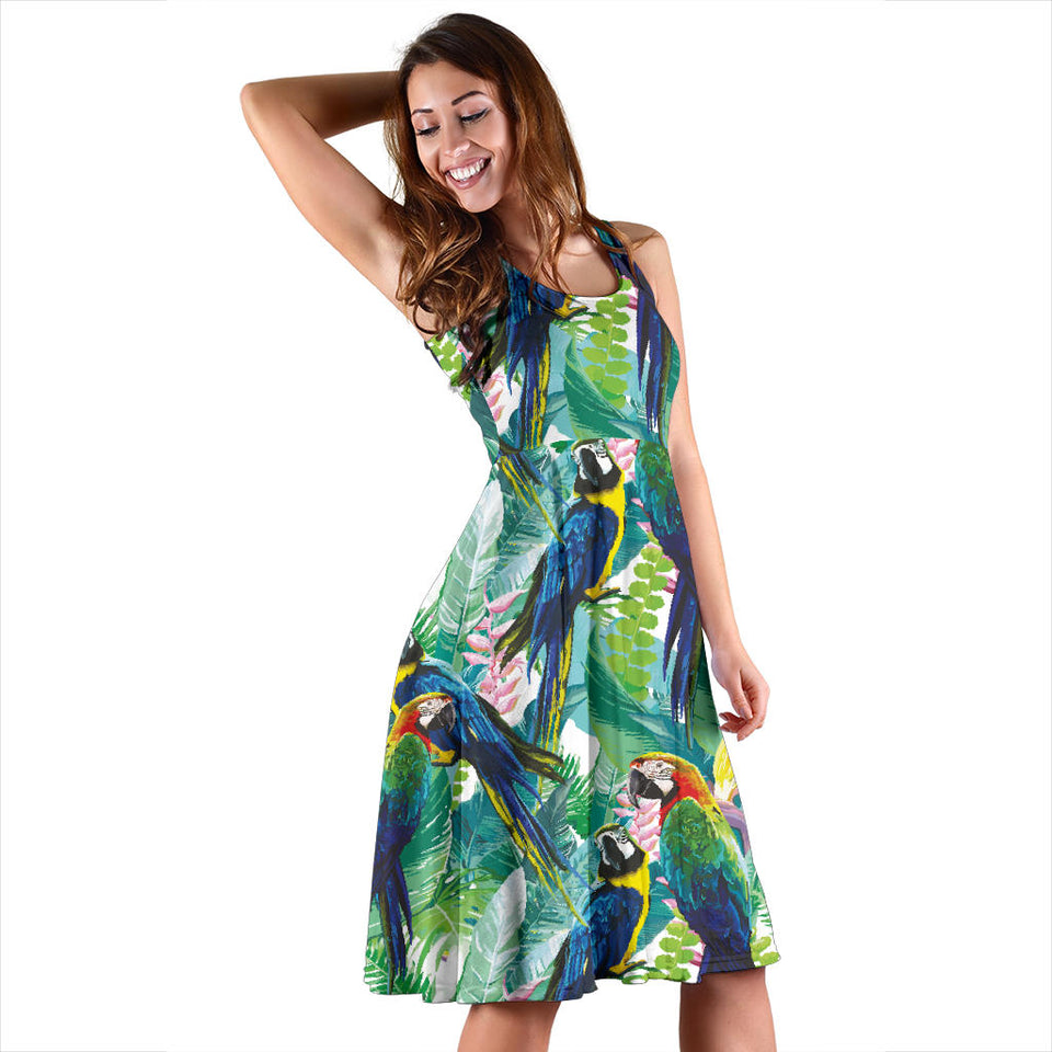 Colorful Parrot Exotic Flower Leaves Sleeveless Midi Dress