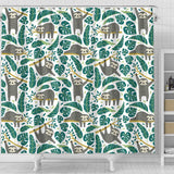 Cute Sloths Tropical Palm Leaves White Background Shower Curtain Fulfilled In US