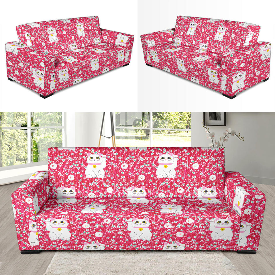 Maneki Neko Lucky Cat Sakura Pink Background Sofa Slipcover