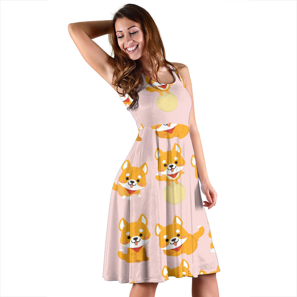 Cute Shiba Inu Dog Pattern Sleeveless Midi Dress