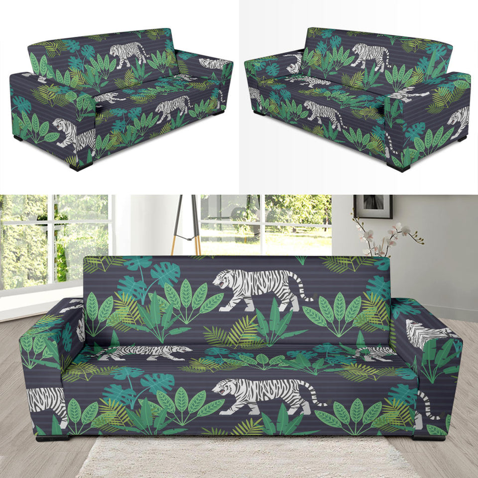 White Bengal Tigers Tropical Plant Sofa Slipcover