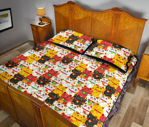 Colorful Maneki Neko Lucky Cat pattern Quilt Bed Set