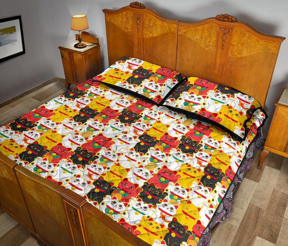 Colorful Maneki Neko Lucky Cat pattern Quilt Bed Set
