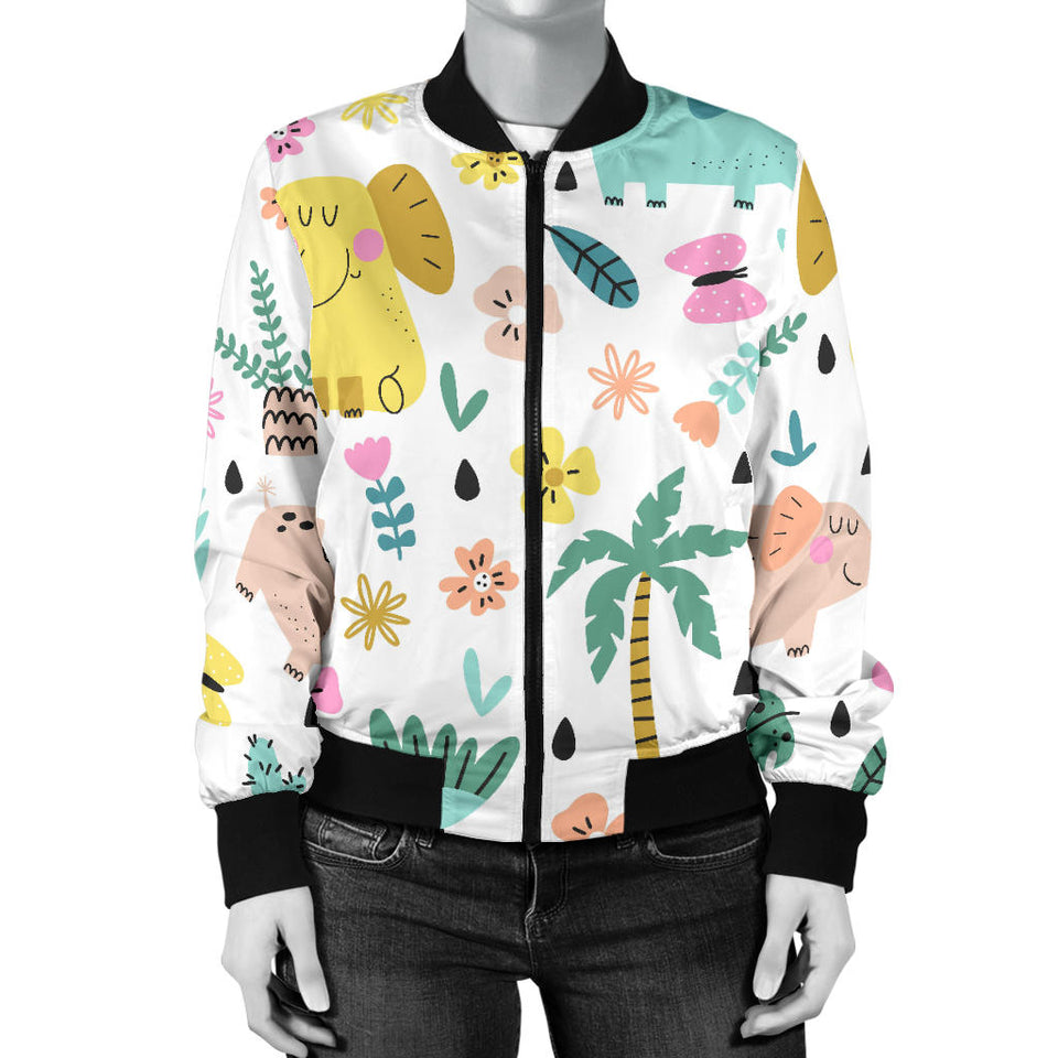 Cute Elephants Palm Tree Flower Butterfly Pattern Women'S Bomber Jacket