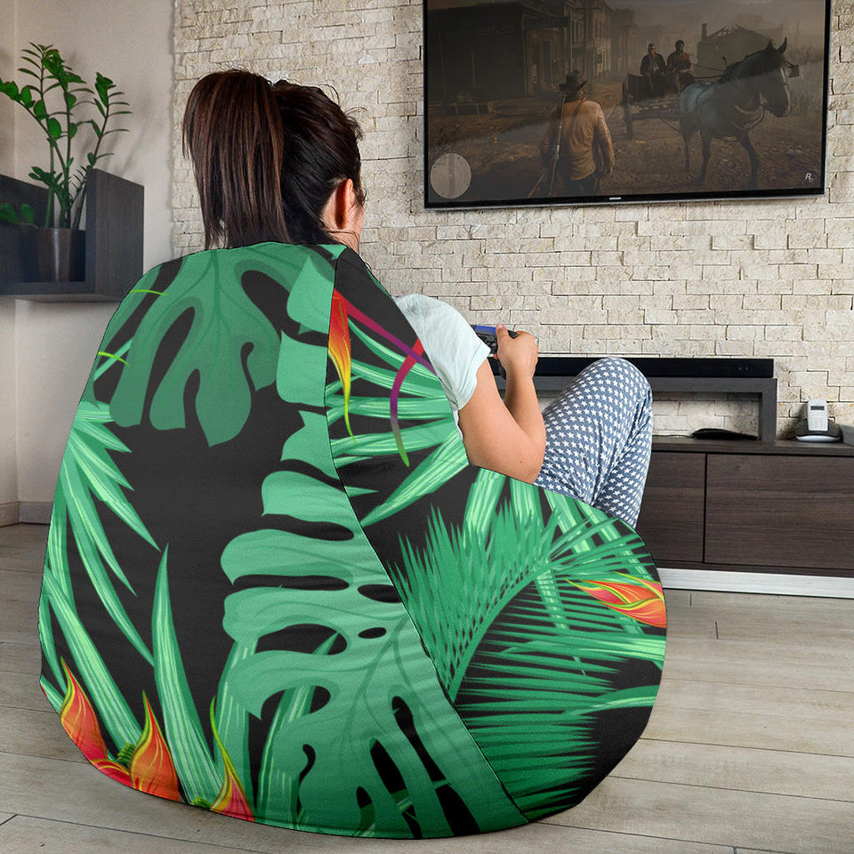 Heliconia Flower Palm Monstera Leaves Black Background Bean Bag Cover