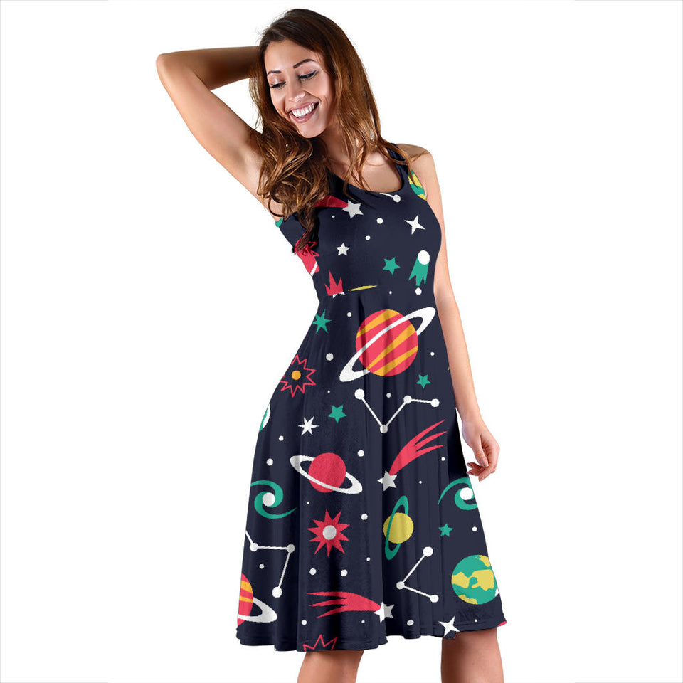 Colorful Space Pattern Planet Star Sleeveless Midi Dress