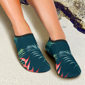 Heliconia Flowers, Palm And Monstera Leaves On Black Background Pattern Aqua Shoes