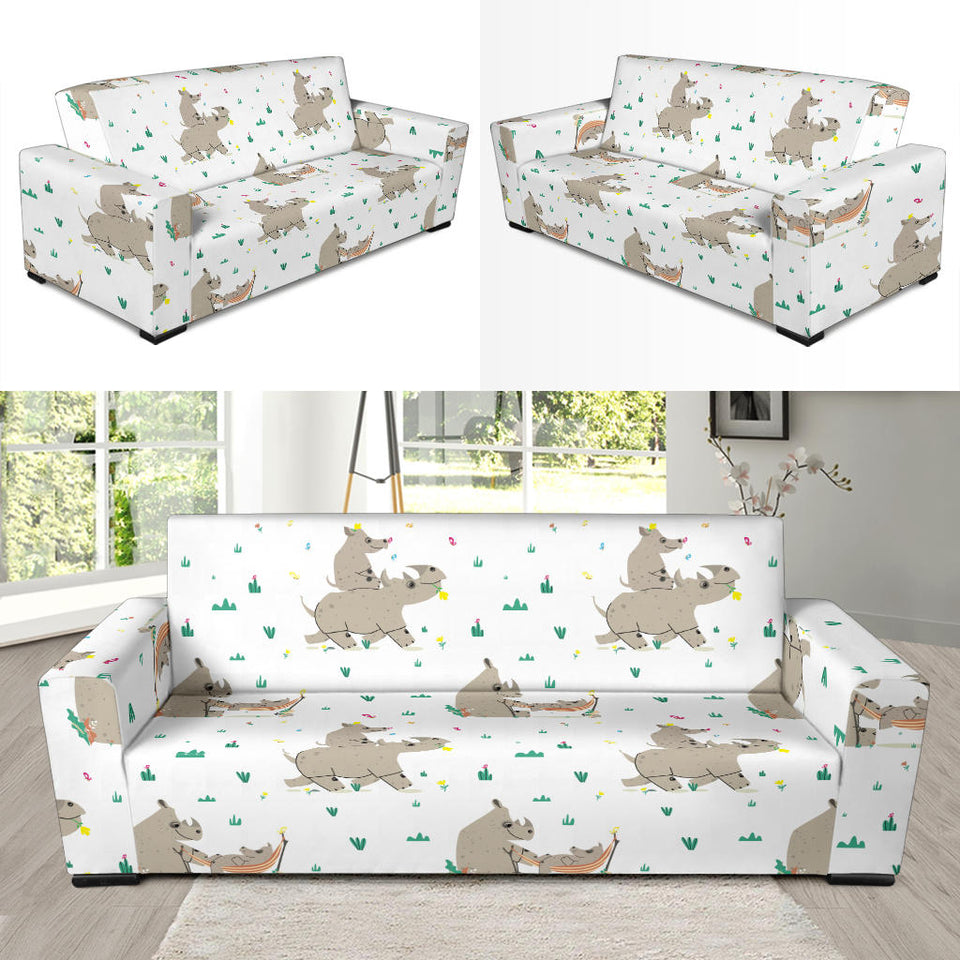 Cute Rhino Pattern Background Sofa Slipcover