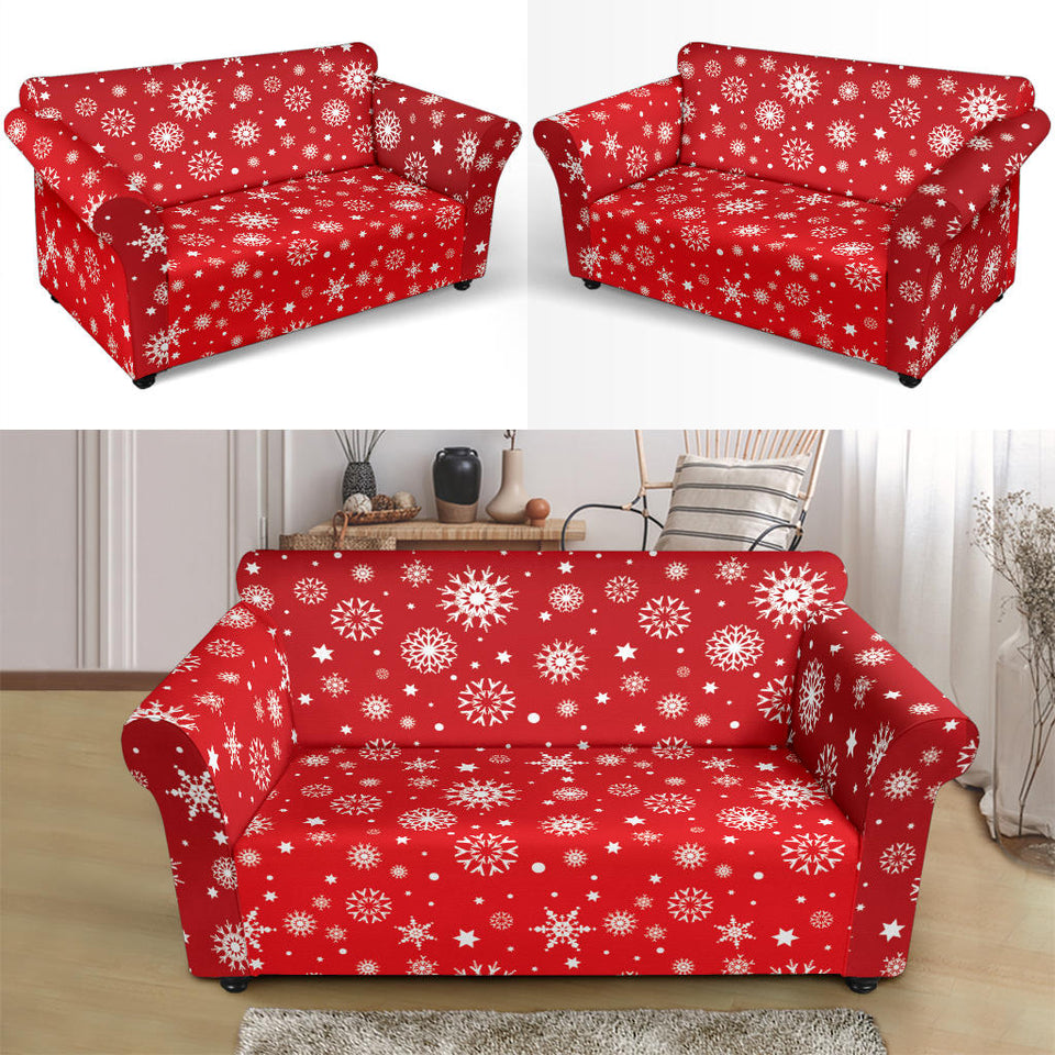 Snowflake Pattern Red Background Loveseat Couch Slipcover