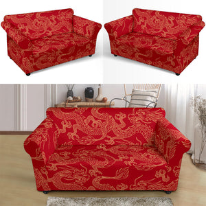 Gold Dragons Red Background Loveseat Couch Slipcover