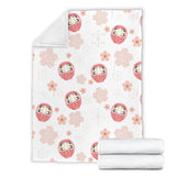 Daruma Japanese Wooden Doll Cherry Blossom Flower Pattern Premium Blanket