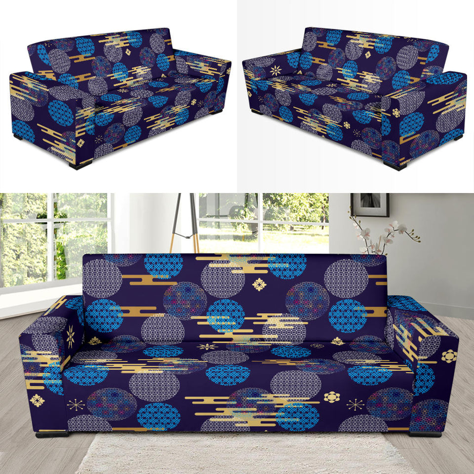 Blue Japanese Pattern Cloud Wave Flower Sofa Slipcover