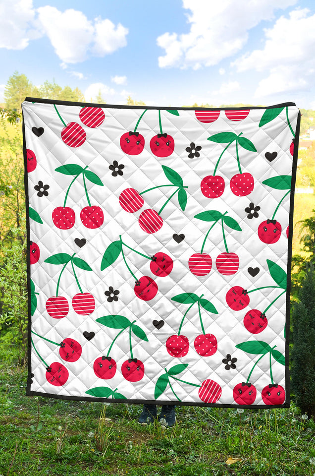 Cherry Pattern White Background Premium Quilt