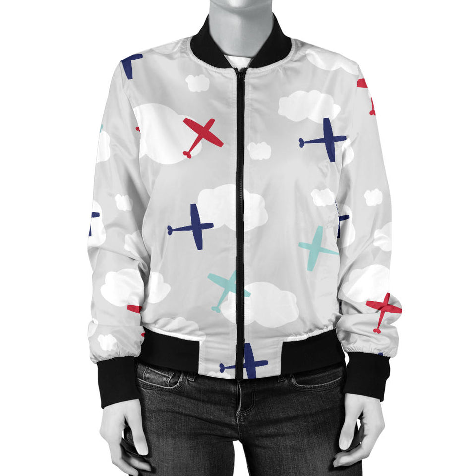 Airplane Cloud Grey Background Women'S Bomber Jacket