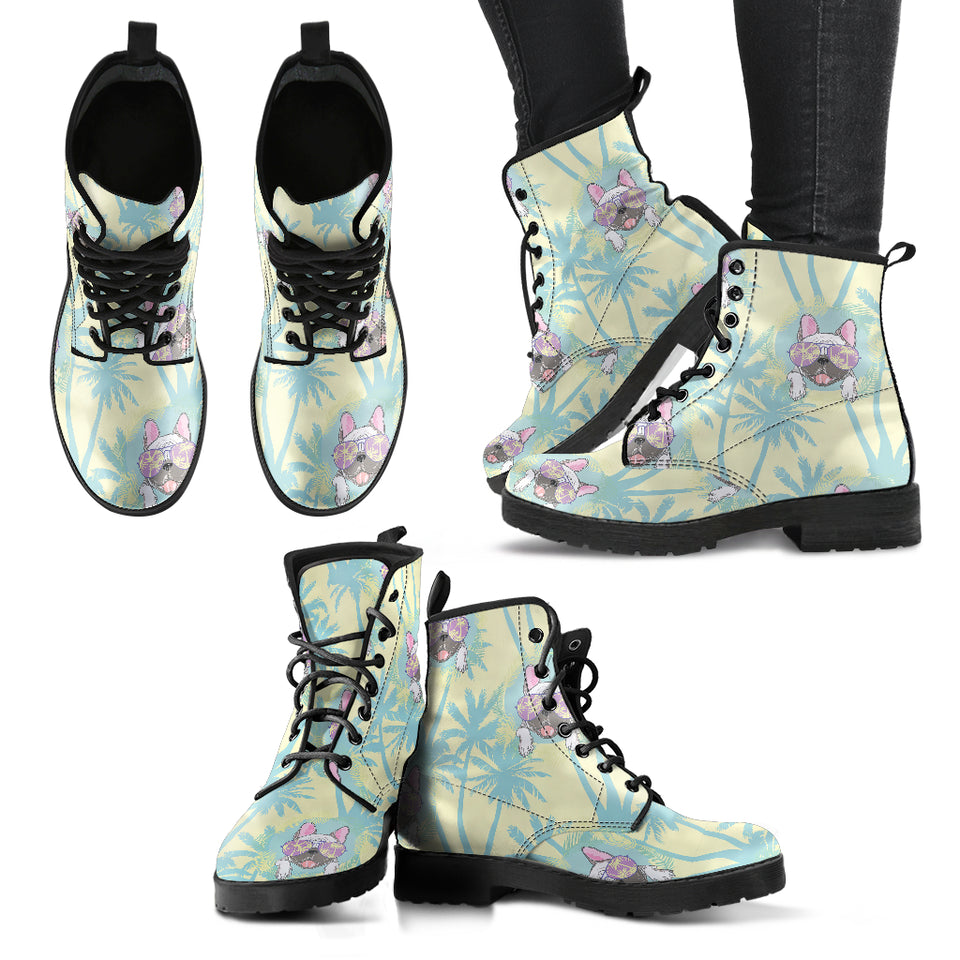 French Bulldog Hawaii Blackground Leather Boots