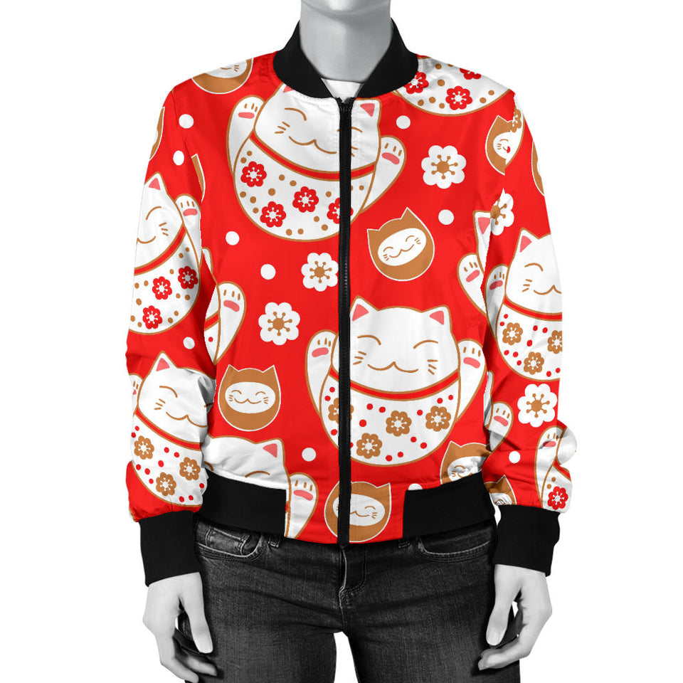 Cute Maneki Neko Lucky Cat Red Background Women'S Bomber Jacket